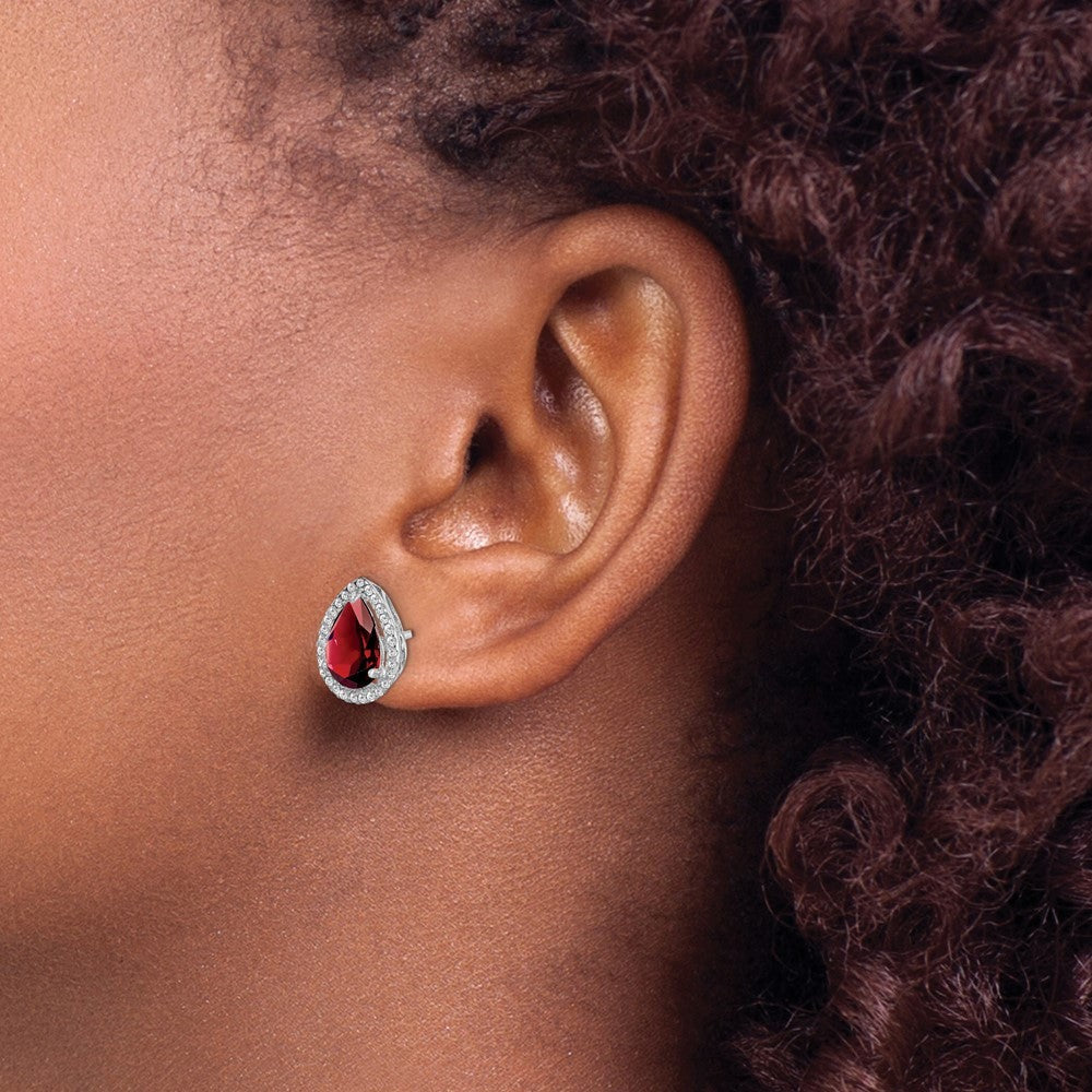 Sterling Silver Rhodium Polished Garnet & CZ Button Stud Earrings