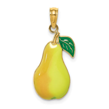 14k Yellow Gold Enamel Pear With Stem and Leaf Charm Pendant