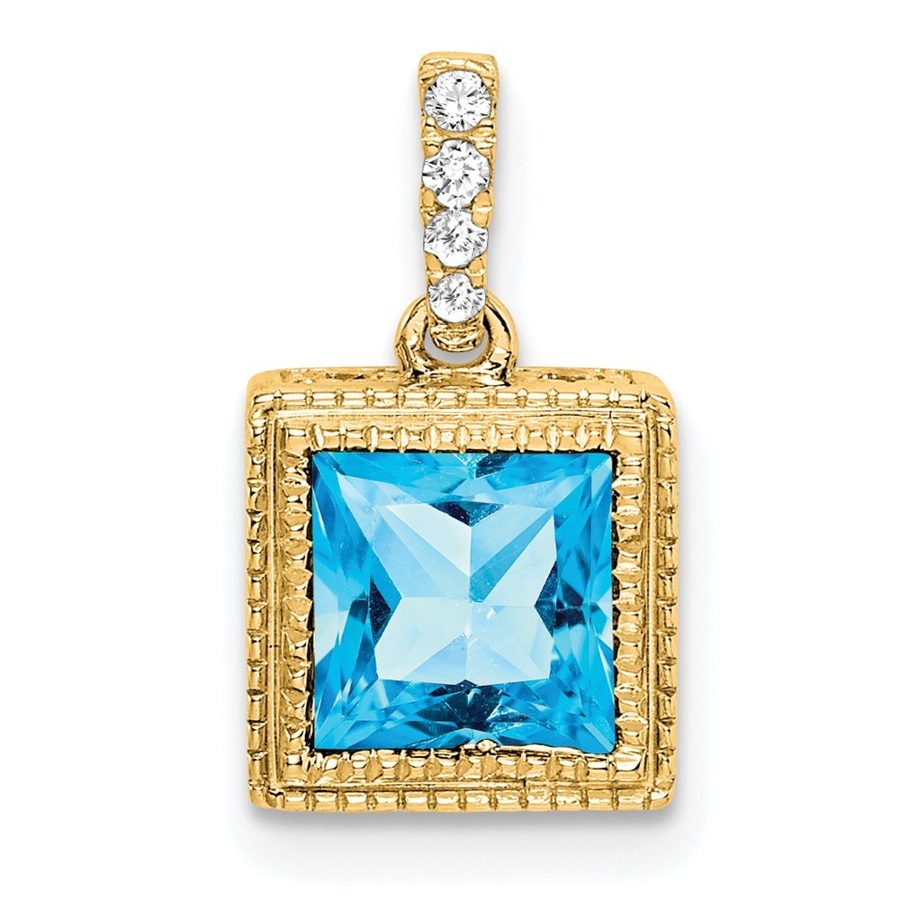 14k Yellow Gold Square Blue Topaz and Diamond Pendant