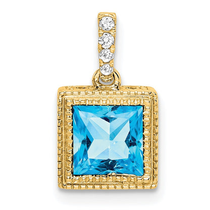 14k Yellow Gold Square Blue Topaz and Diamond Pendant