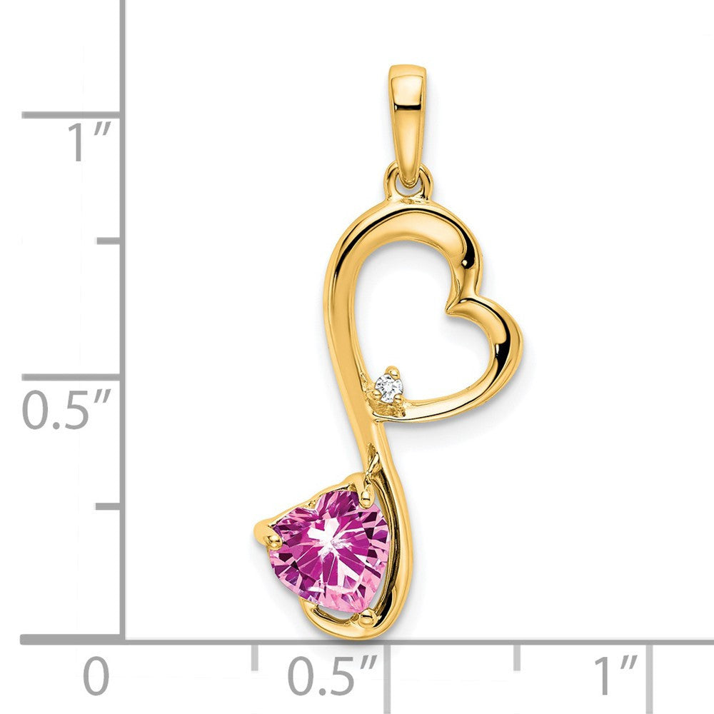 14k Yellow Gold Created Pink Sapphire and Diamond Heart Pendant