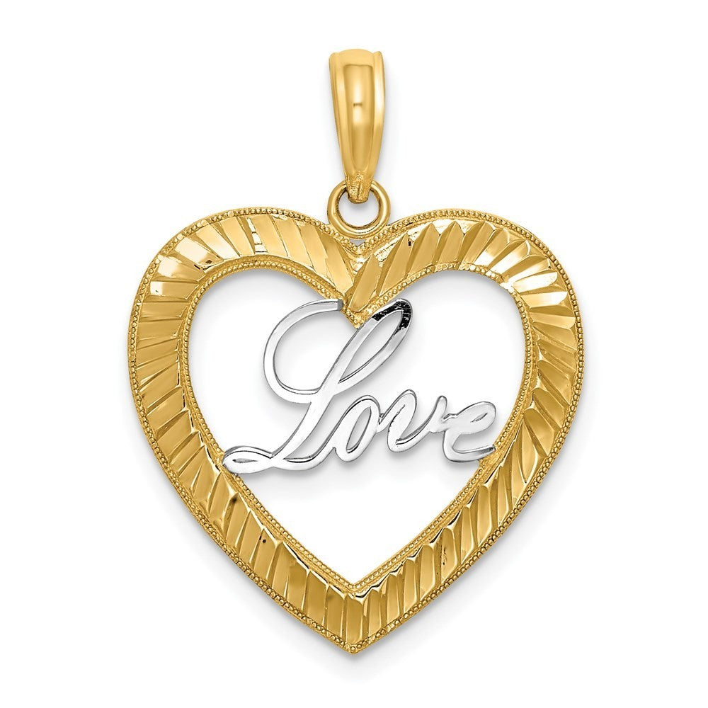 14k Yellow Gold and Rhodium Diamond-cut LOVE Heart Pendant