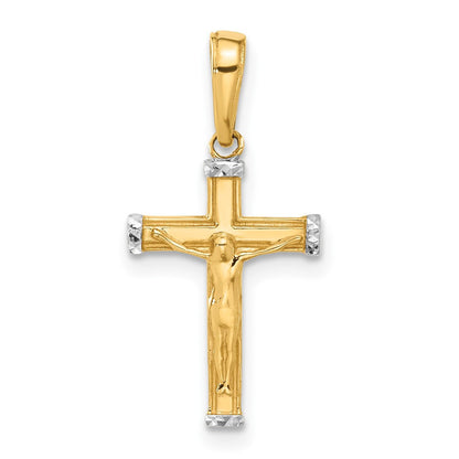 14k Yellow Gold and White Rhodium Diamond-Cut Crucifix Cross Pendant