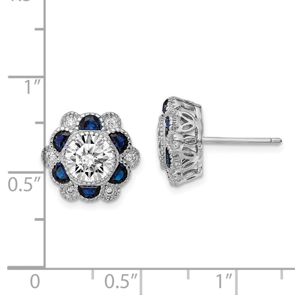 Sterling Silver Rhodium-plated Blue Spinel and CZ Flower Button Stud Earrings