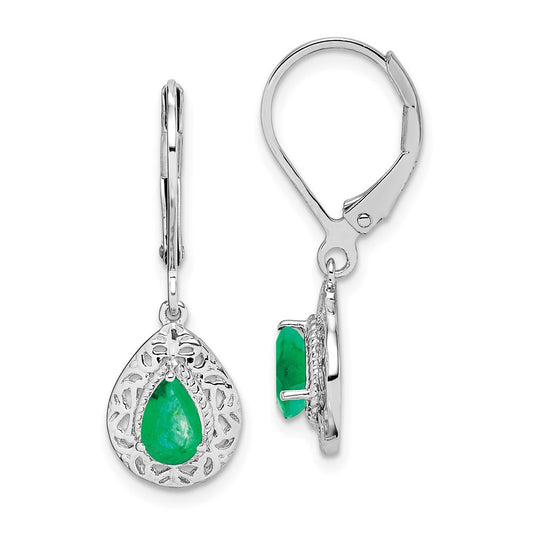 Sterling Silver Rhodium-plated Emerald Tear Lever Back Dangle Earrings