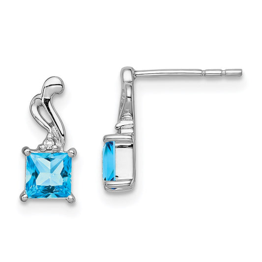 Sterling Silver Rhodium Plated Diamond and Blue Topaz Square Dangle Earrings