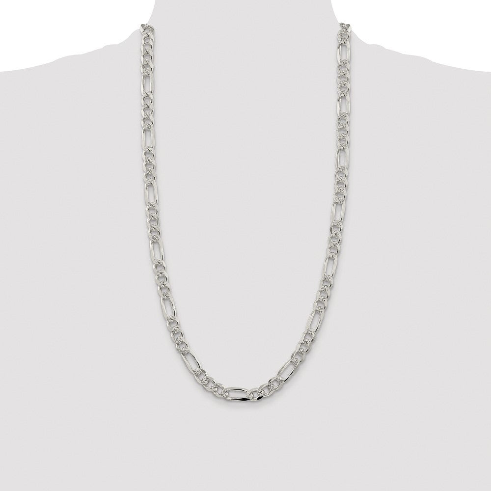 Sterling Silver Rhodium-plated 8mm Pave Flat Figaro Chain Necklace 28"