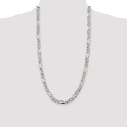 Sterling Silver Rhodium-plated 8mm Pave Flat Figaro Chain Necklace 28"
