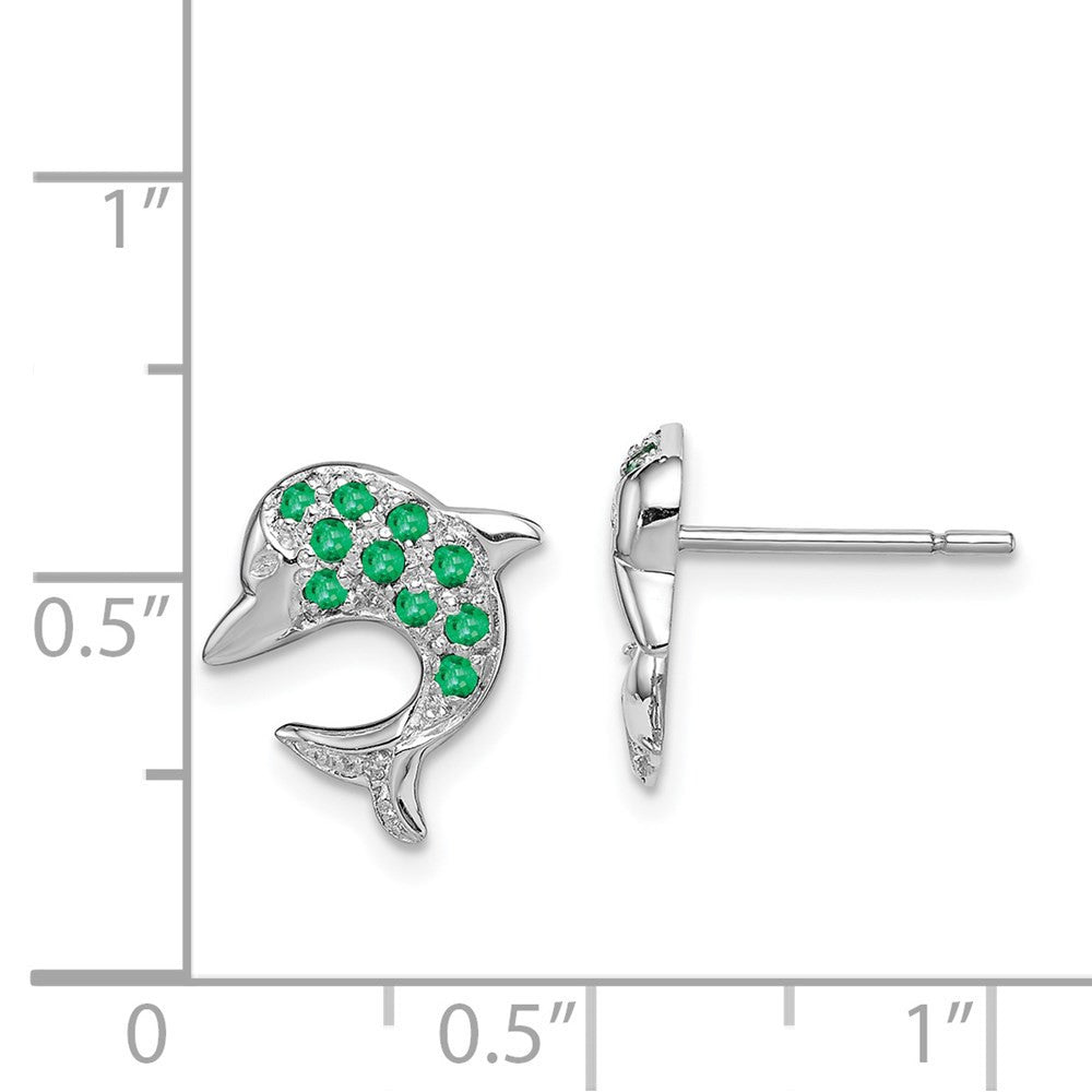 Sterling Silver Rhodium Emerald & Diamond Dolphin Button Stud Earrings