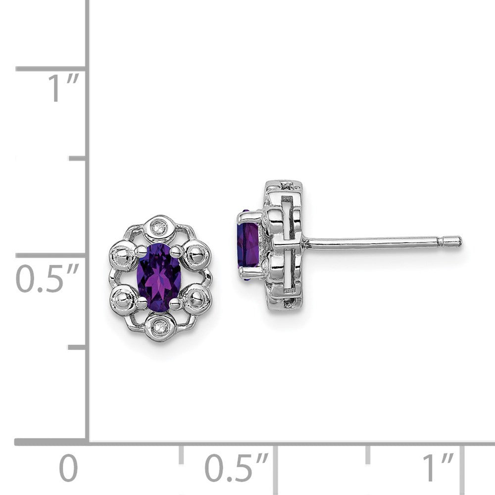 Sterling Silver Rhodium-plated Amethyst & Diam. Button Stud Earrings
