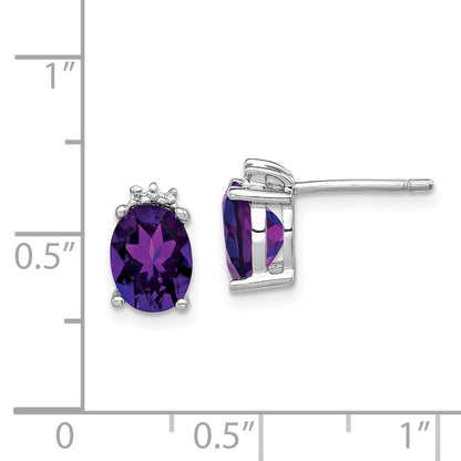 Sterling Silver Rhodium Plated Oval Amethyst and Diamond Button Stud Earrings