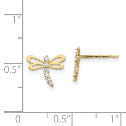 14k Yellow Gold CZ Children's Dragonfly Button Stud Earrings