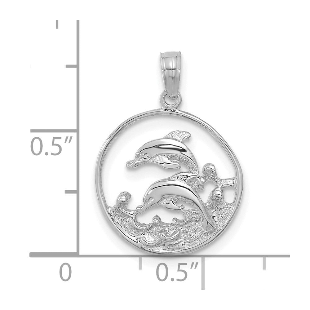 14k White Gold Double Dolphin Circle Pendant
