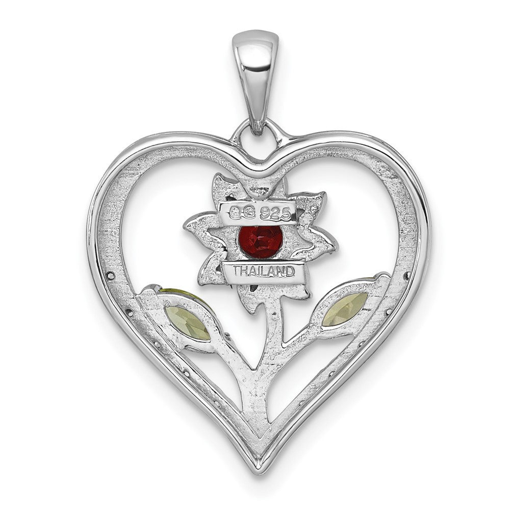 Sterling Silver Rhodium Polished Garnet and White Topaz Flower Heart Pendant