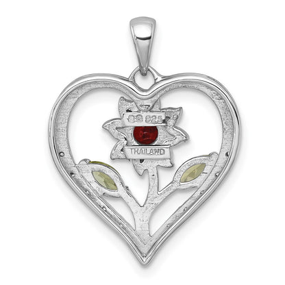 Sterling Silver Rhodium Polished Garnet and White Topaz Flower Heart Pendant