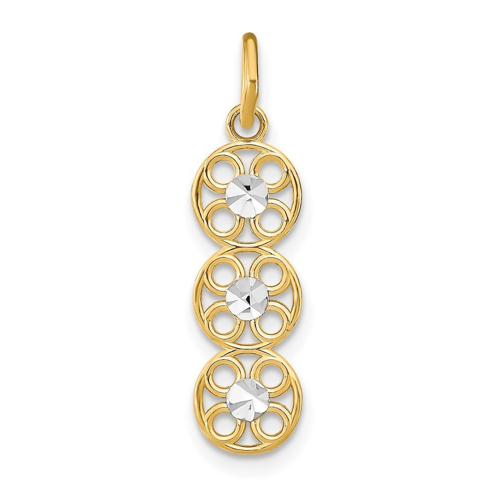 14k Yellow Gold Rhodium and Diamond-Cut 3 Circle Charm Pendant