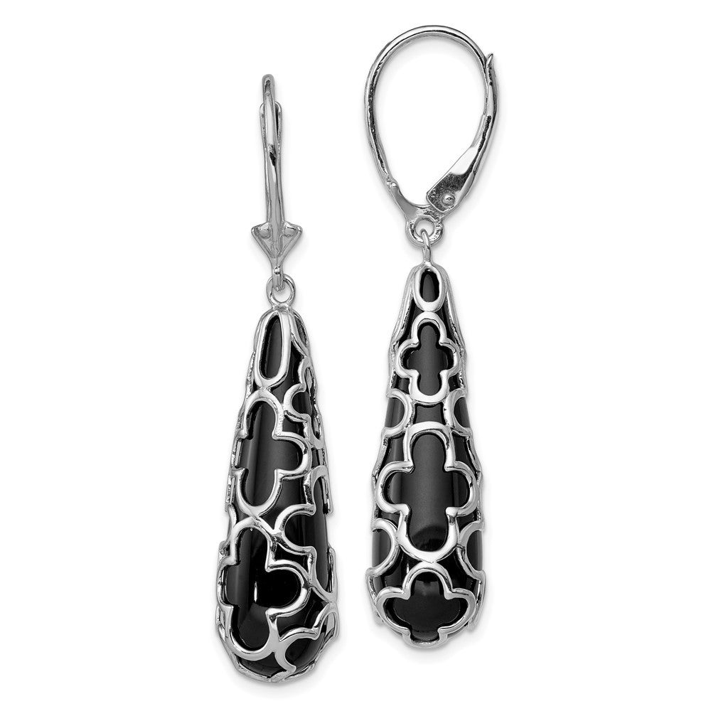 Sterling Silver RH-pltd Polished Onyx Tear Leverback Dangle Earrings