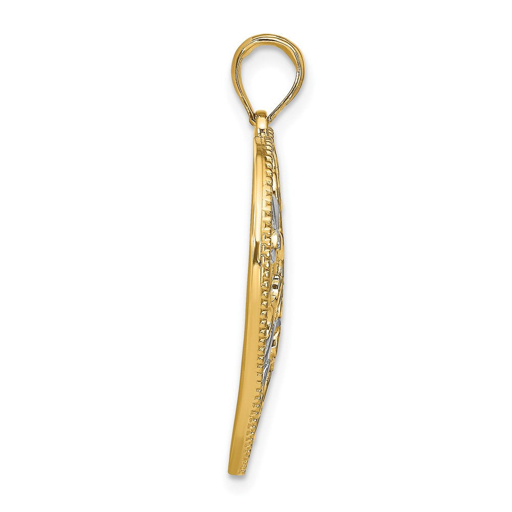 14k Yellow Gold Rhodium Filigree Leaf Accent Heart Charm Pendant