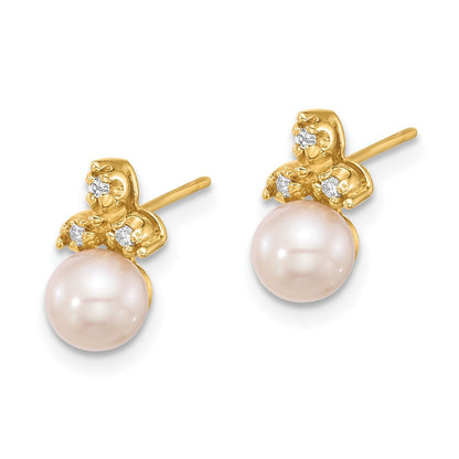 14k Yellow Gold 5-6mm Button Freshwater Cultured Pearl & Diamond Stud Earrings