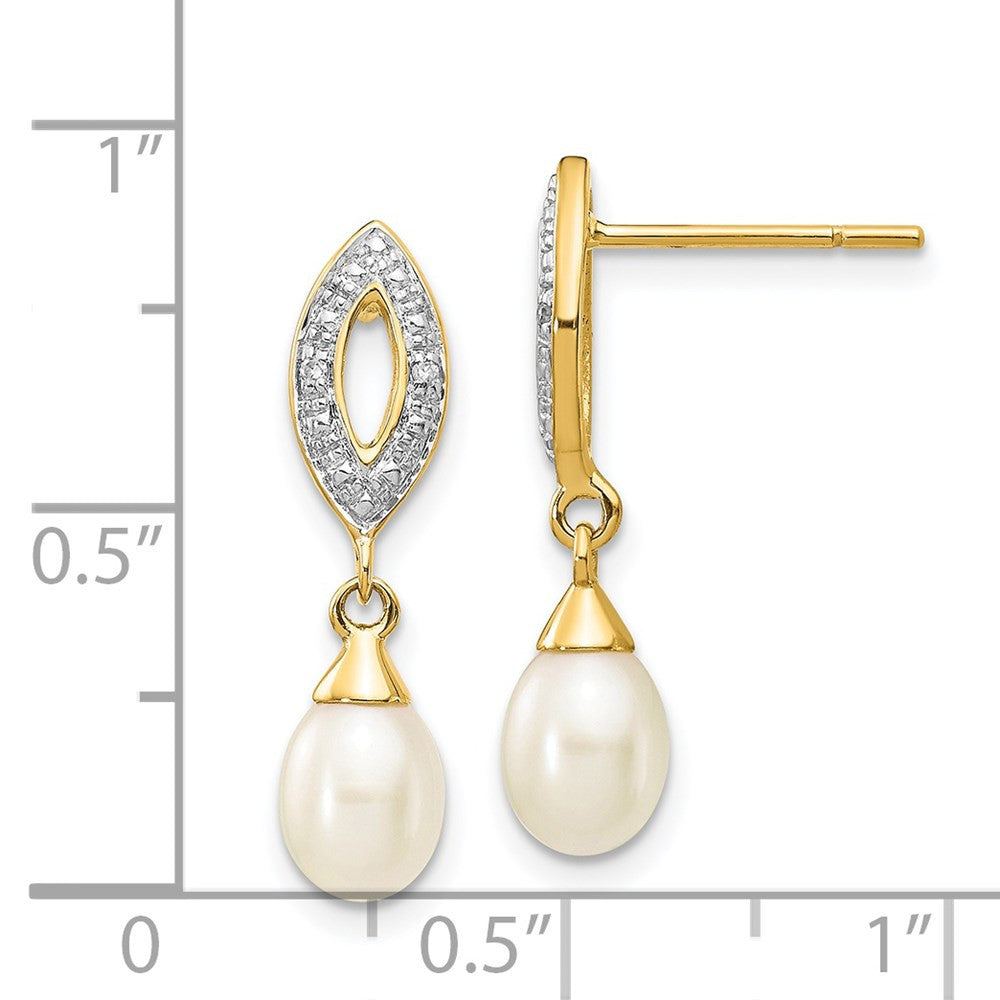 14k Yellow Gold 7x5mm White Teardrop FWC Pearl .01ct Diamond Dangle Earrings