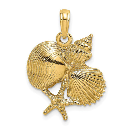 14k Yellow Gold Textured Shell Cluster and Starfish Charm Pendant
