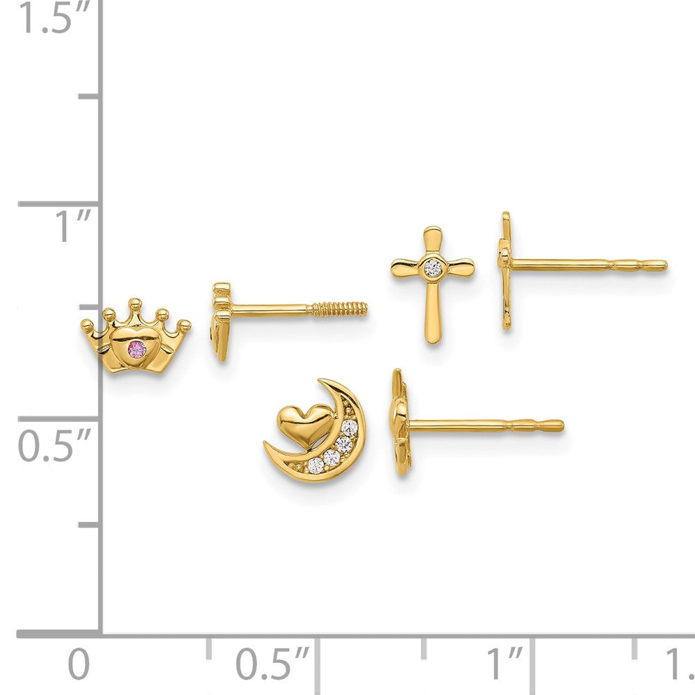 14k Yellow Gold Polished CZ Moon Cross and Crown Earring Set