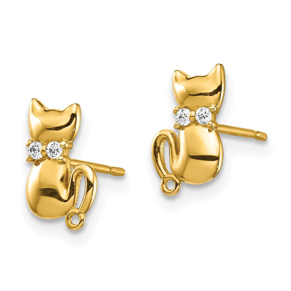14k Yellow Gold Sitting Cat CZ Bowtie Button Stud Earrings