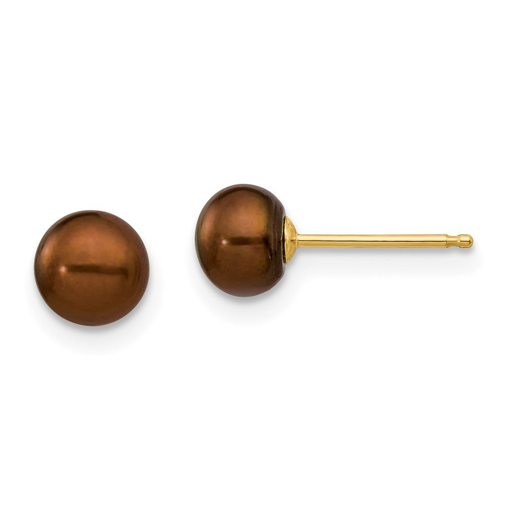 14k Yellow Gold 5-6mm Brown Button Freshwater Cultured Pearl Stud Earrings