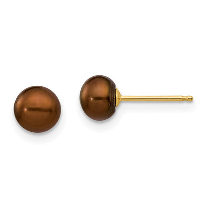 14k Yellow Gold 5-6mm Brown Button Freshwater Cultured Pearl Stud Earrings