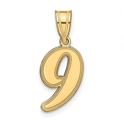 14k Yellow Gold Brushed Border Script Number 9 Pendant