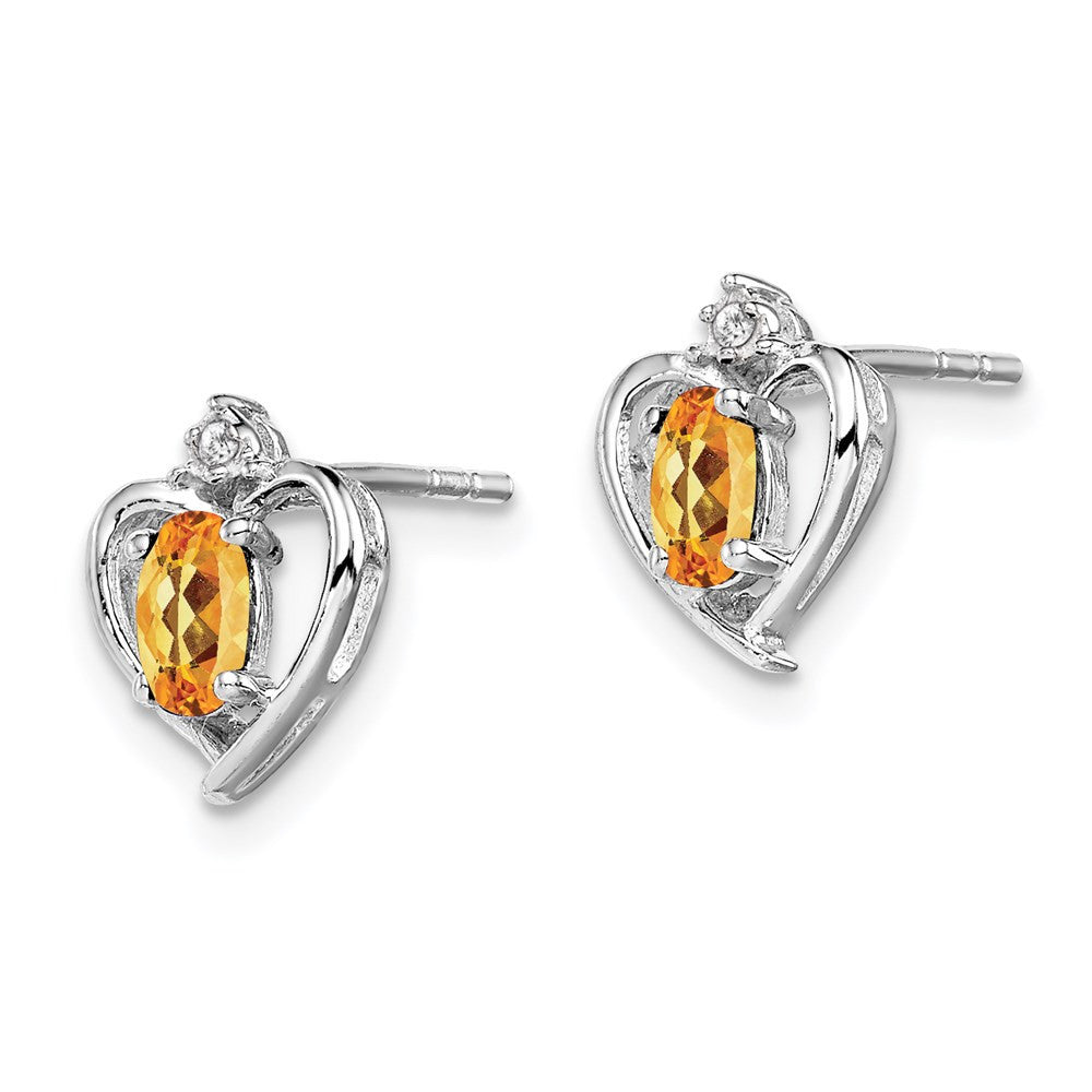 Sterling Silver Rhodium-plated Citrine & Diam. Button Stud Earrings