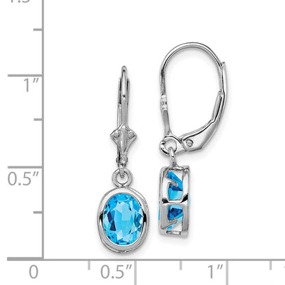 Sterling Silver Rhodium Plated 8x6mm Oval Blue Topaz Leverback Dangle Earrings