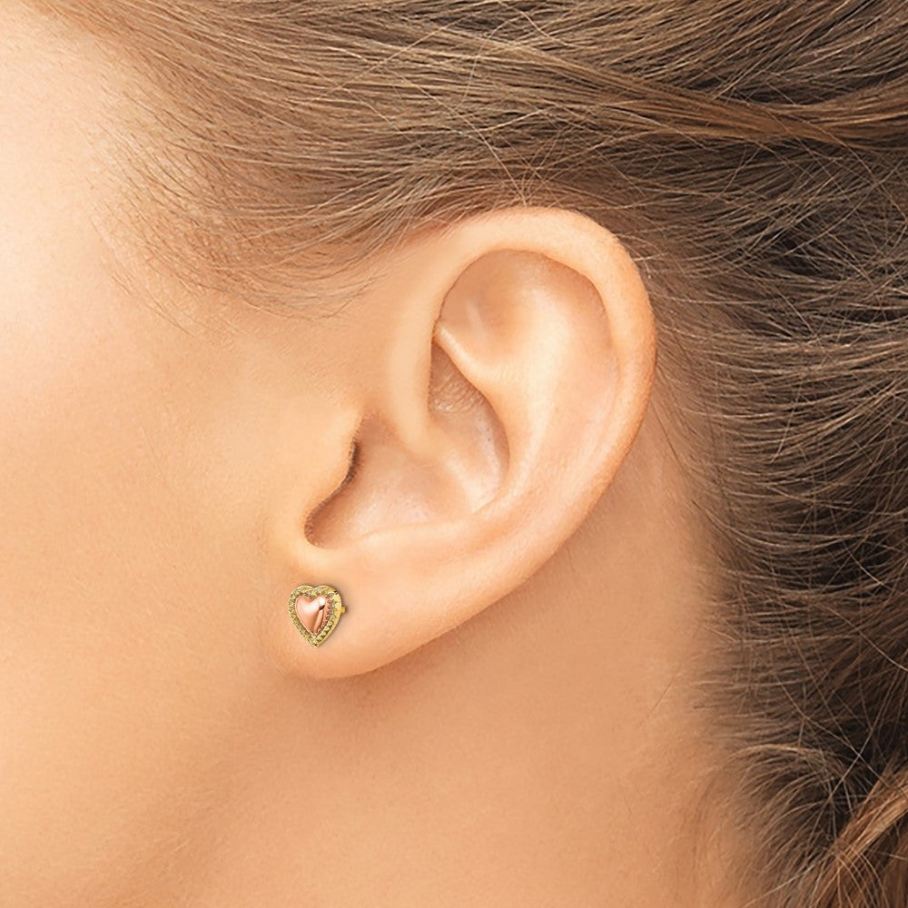 14k Two-tone Gold Beaded Heart Stud Earrings