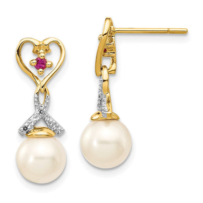 14k Yellow Gold 7-8mm FWC Pearl Created Ruby Diamond Heart Dangle Earrings