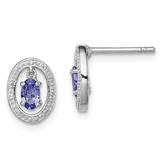Sterling Silver Rhodium Plated Diamond & Tanzanite Oval Button Stud Earrings