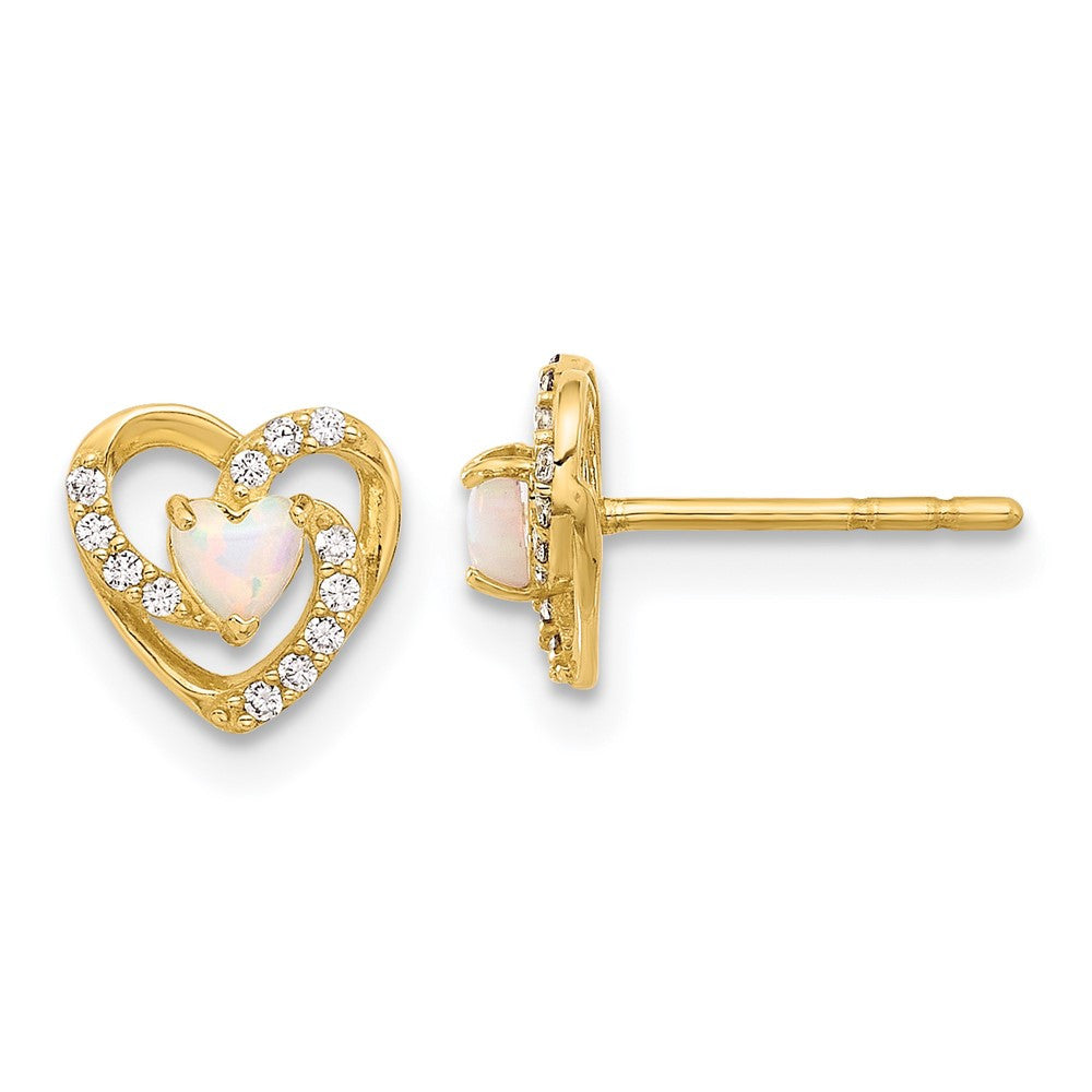 14k Yellow Gold CZ and Created Opal Heart Button Stud Earrings