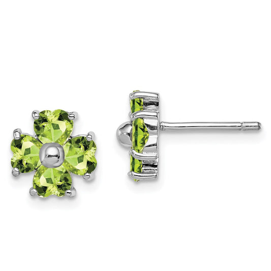 Sterling Silver Rhodium Plated Peridot Flower Button Stud Earrings