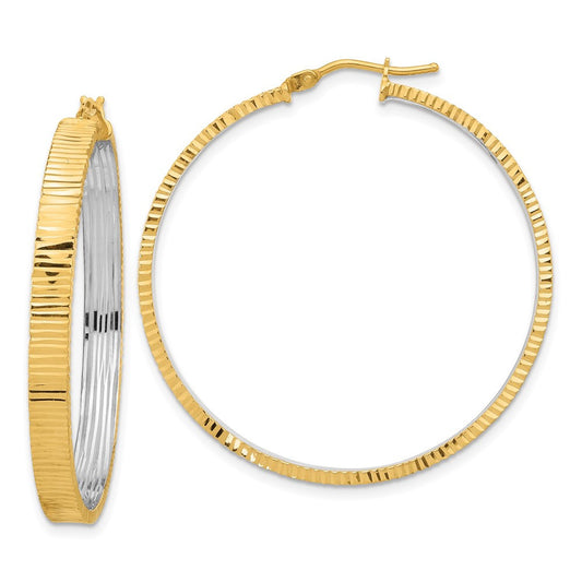 14k Yellow Gold Polished and Rhodium Diamond-cut Circle Hoop Earrings