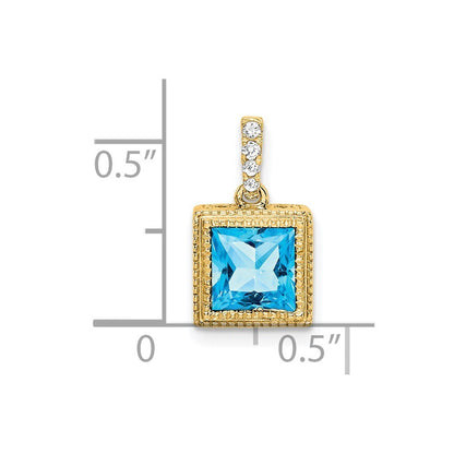 14k Yellow Gold Square Blue Topaz and Diamond Pendant