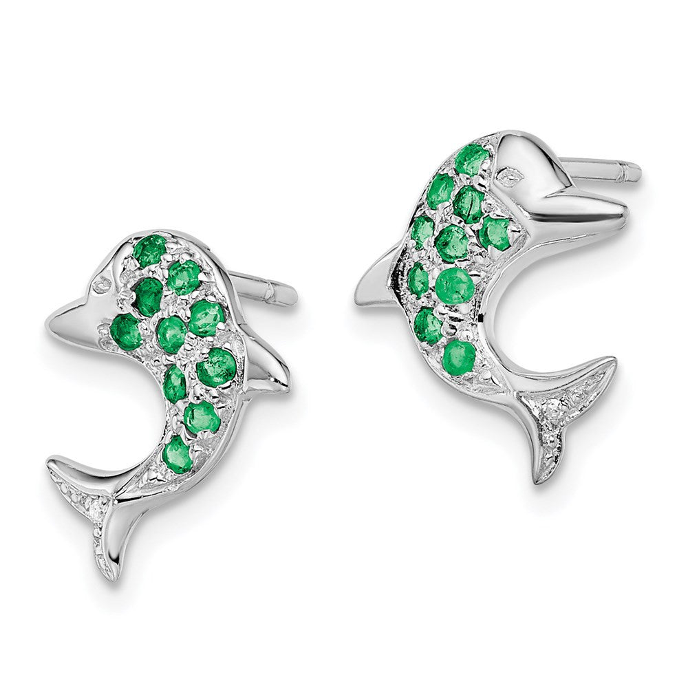 Sterling Silver Rhodium Emerald & Diamond Dolphin Button Stud Earrings
