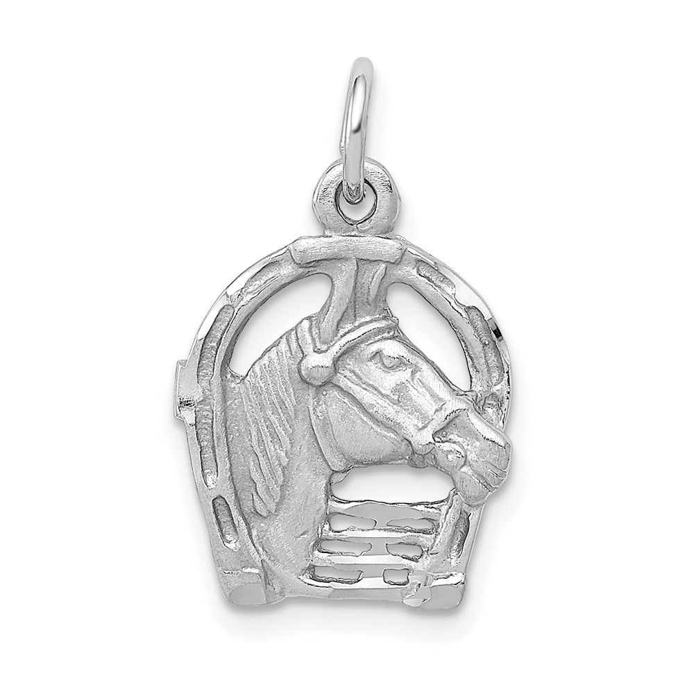 14k White Gold Diamond-cut Horse Head in Horseshoe Charm Pendant