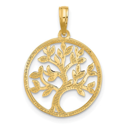 14k Yellow Gold Polished Circle with Tree Charm Pendant