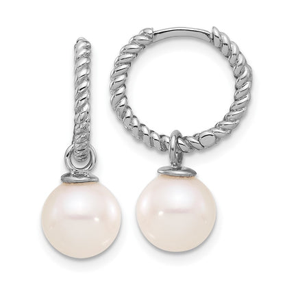 14k White Gold 8mm Black & White Cultured Pearl Removable Dangle Hoop Earrings