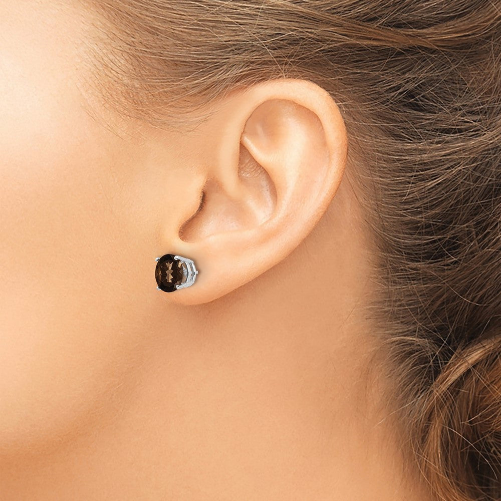 14k White Gold  8mm Round Checker-Cut Smoky Quartz Stud Earrings