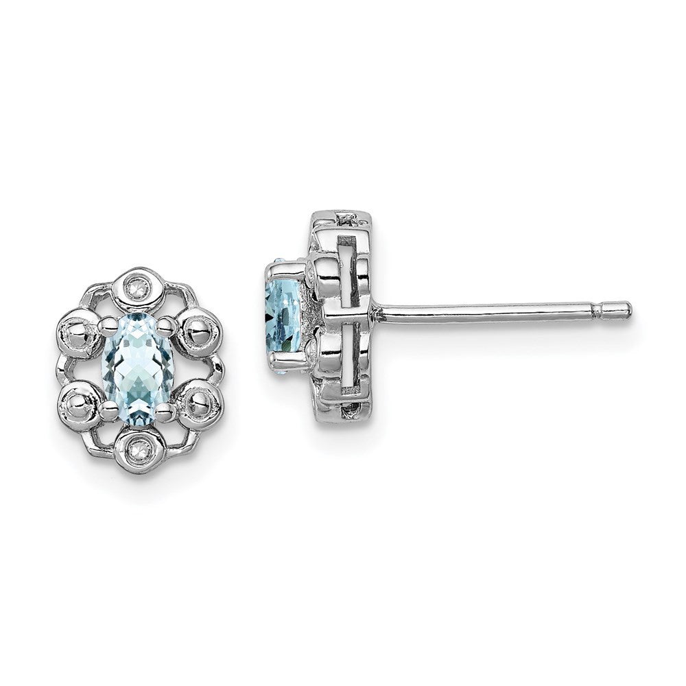 Sterling Silver Rhodium-plated Aquamarine & Diam. Button Stud Earrings