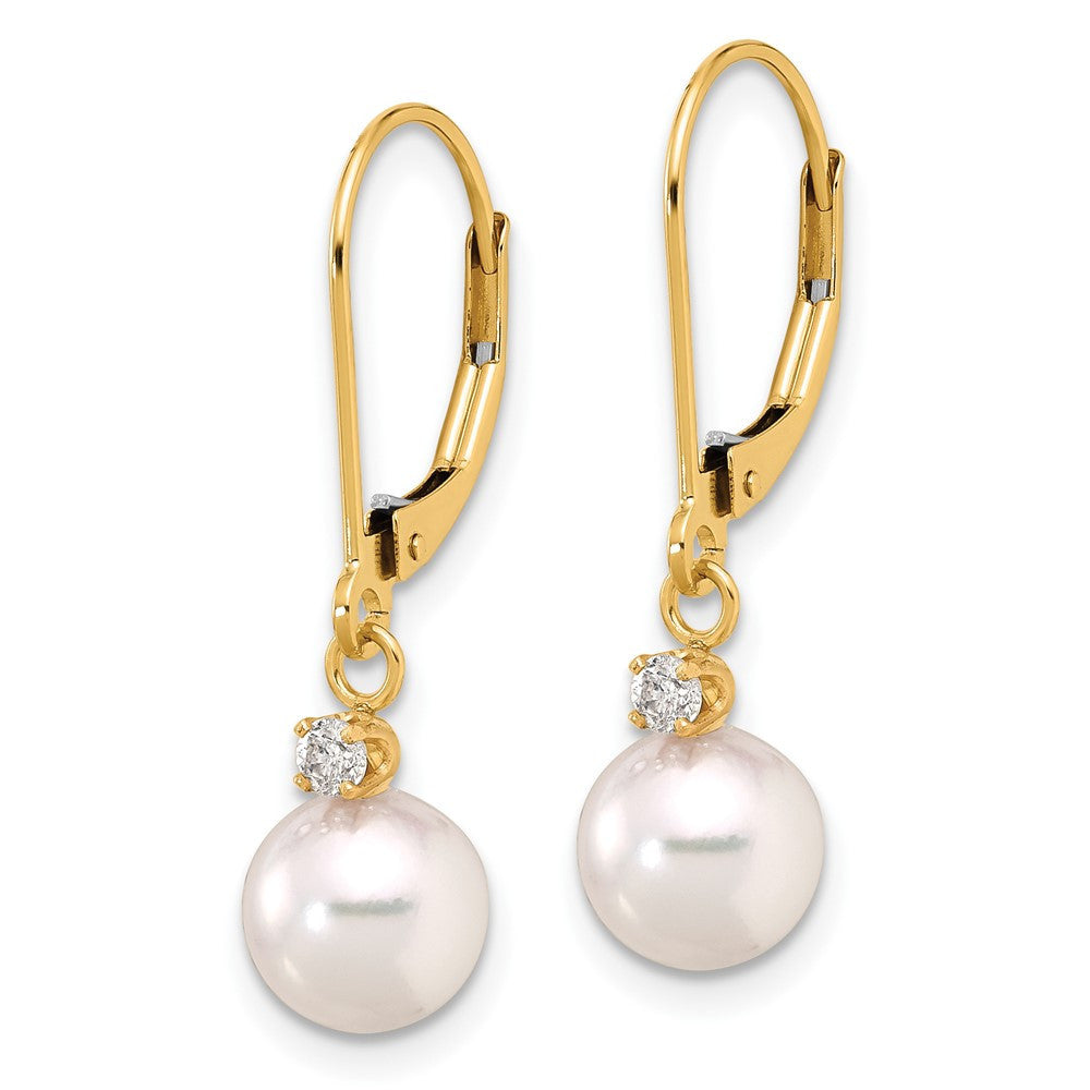 14k Yellow Gold 8mm Akoya Saltwater Cultured Pearl & Diamond Dangle Earrings