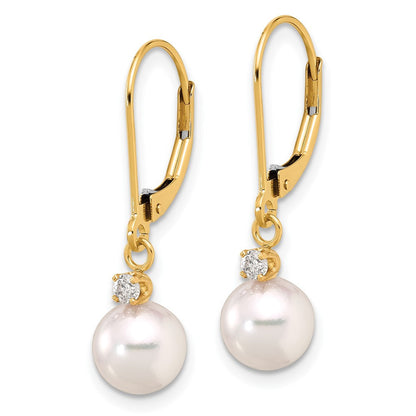 14k Yellow Gold 8mm Akoya Saltwater Cultured Pearl & Diamond Dangle Earrings