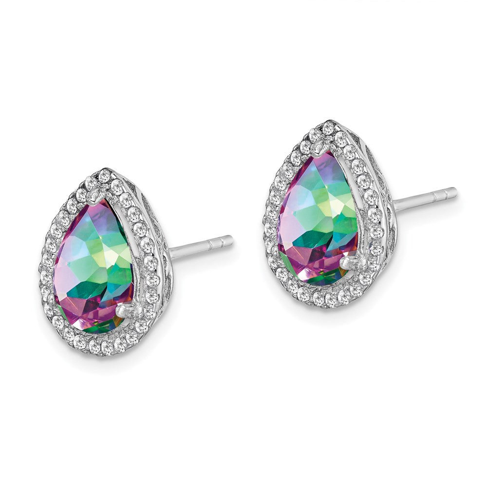 Sterling Silver Rhodium Polished Mystic Topaz & CZ Button Stud Earrings