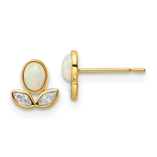 14k Yellow Gold CZ & Created Opal Button Stud Earrings
