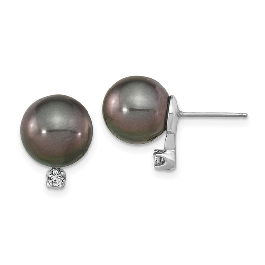 14k White Gold 10mm Black Tahitian Saltwater Cultured Pearl and Diamond Earring
